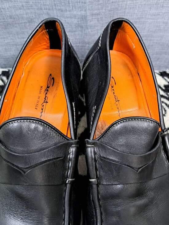Santoni Leather Loafers Black Men\'s Dress Shoes Size 12